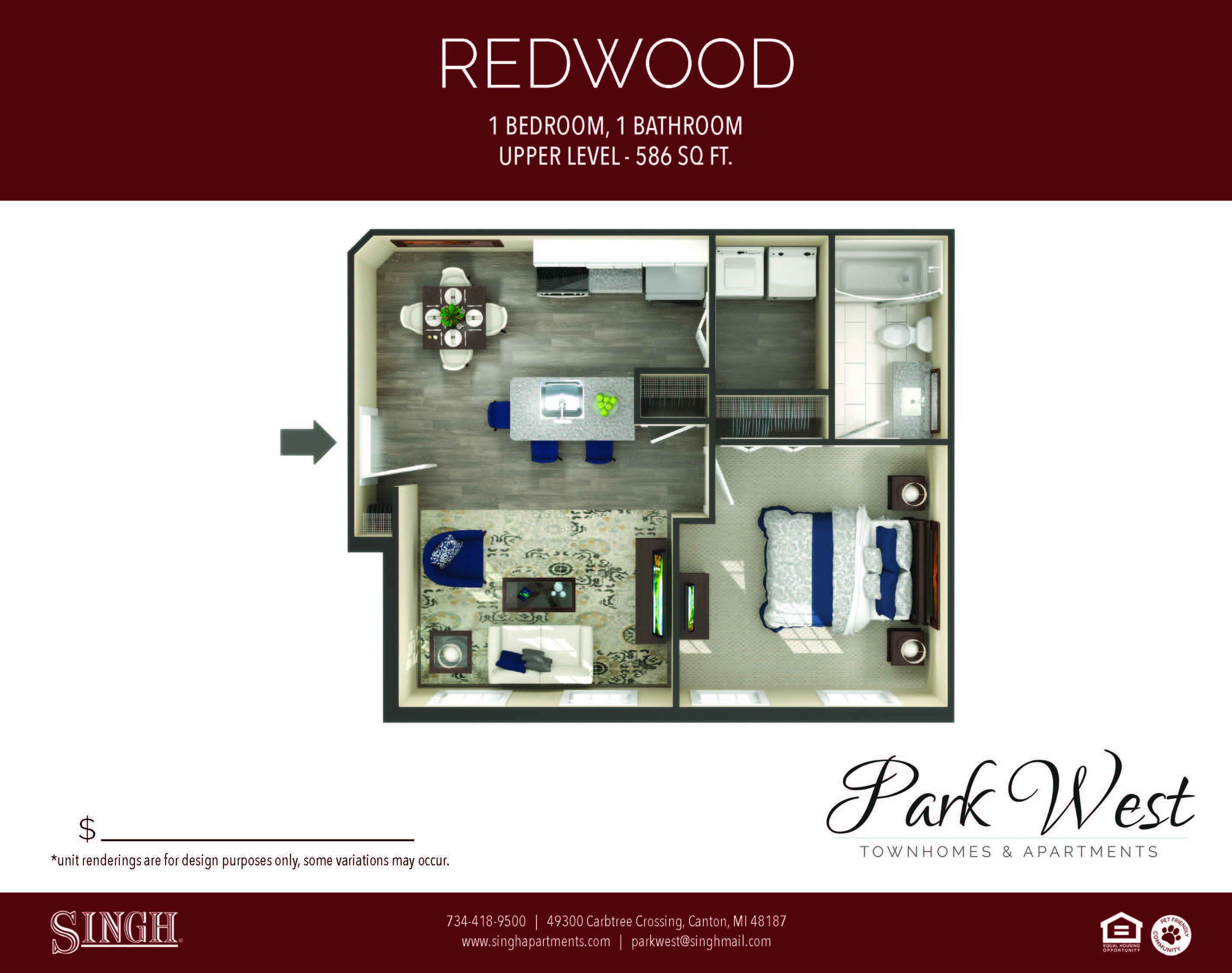 Redwood  Floor Plan at Park West, Canton, 48187
